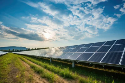 Solar Panel Farm Under A Bright Blue Sky