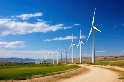 Row Of Wind Turbines Along A Rural Dirt Road