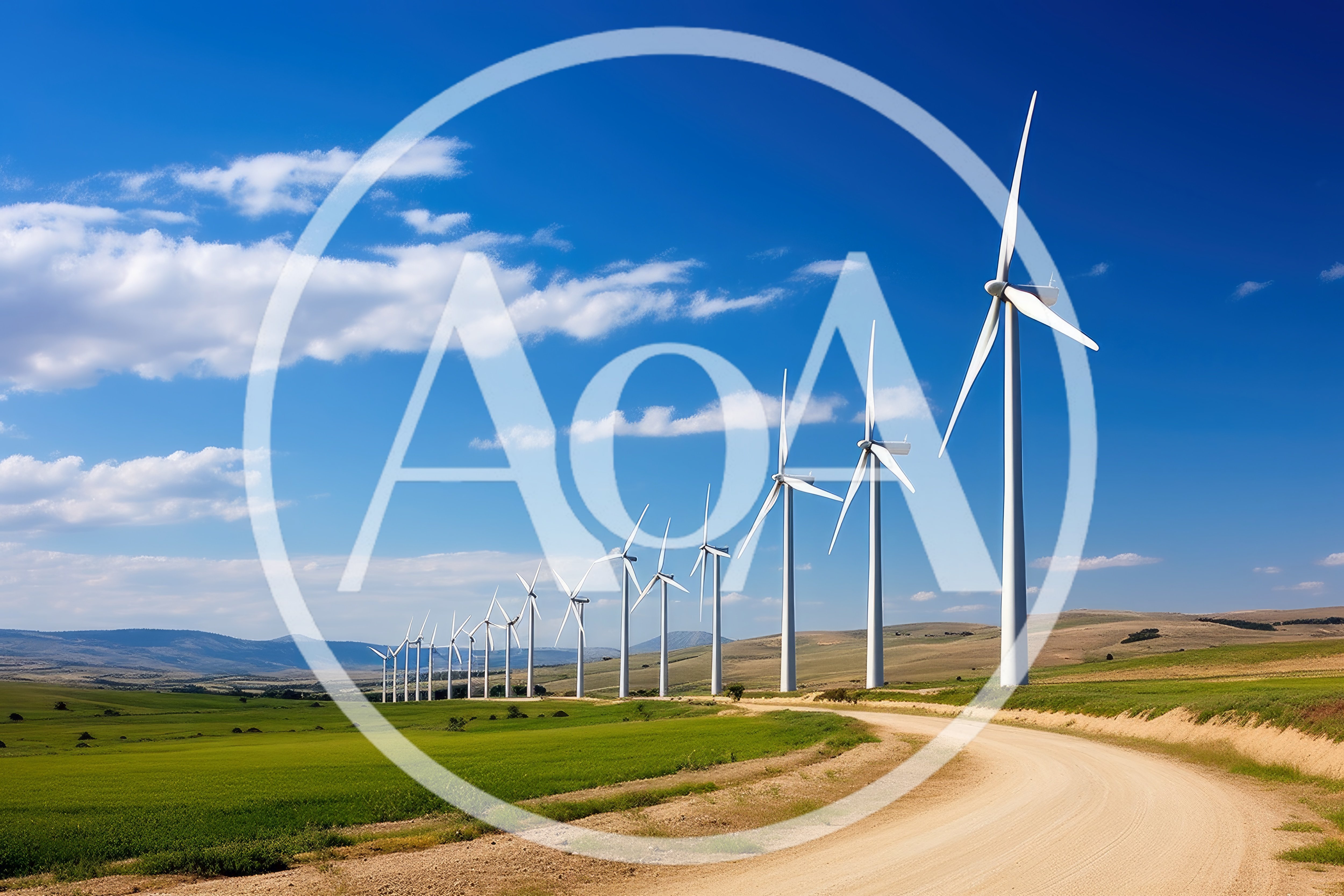 Row Of Wind Turbines Along A Rural Dirt Road