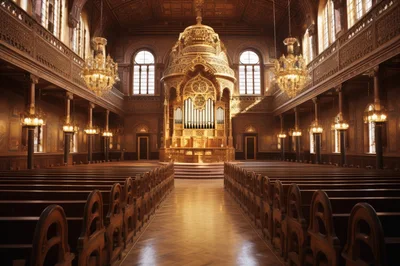 Interior View Of An Ornate Historic Synagogue Sanctuary