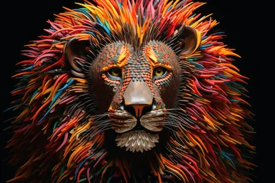 Abstract Artistic Lion Portrait With Colorful Feathered Mane