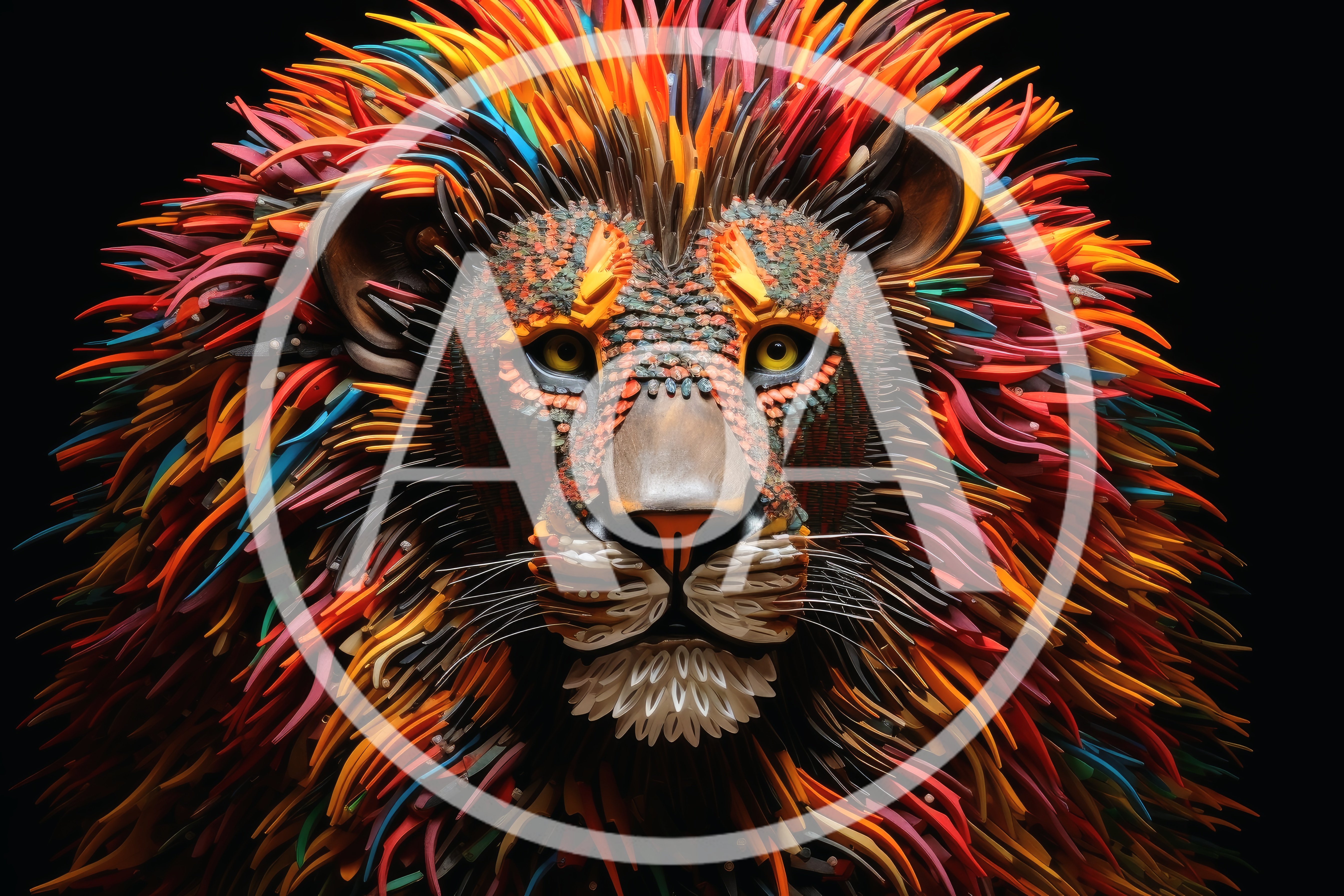 Abstract Artistic Lion Portrait With Colorful Feathered Mane