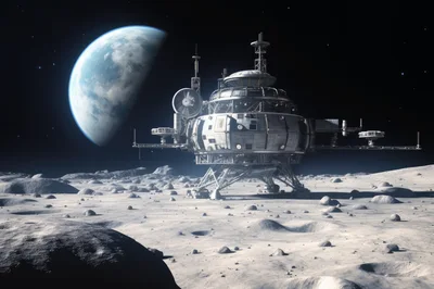 Futuristic Lunar Base Station On Moon Surface