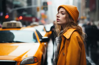 Young Woman Standing In Rain On New York Street