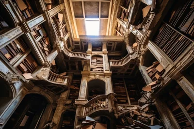 Dilapidated Abandoned Library With Collapsing Wooden Shelving