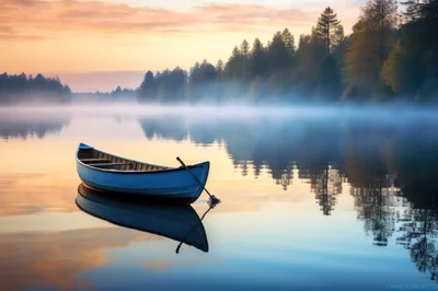 Blue Canoe Floating on Calm Misty Lake at Sunrise