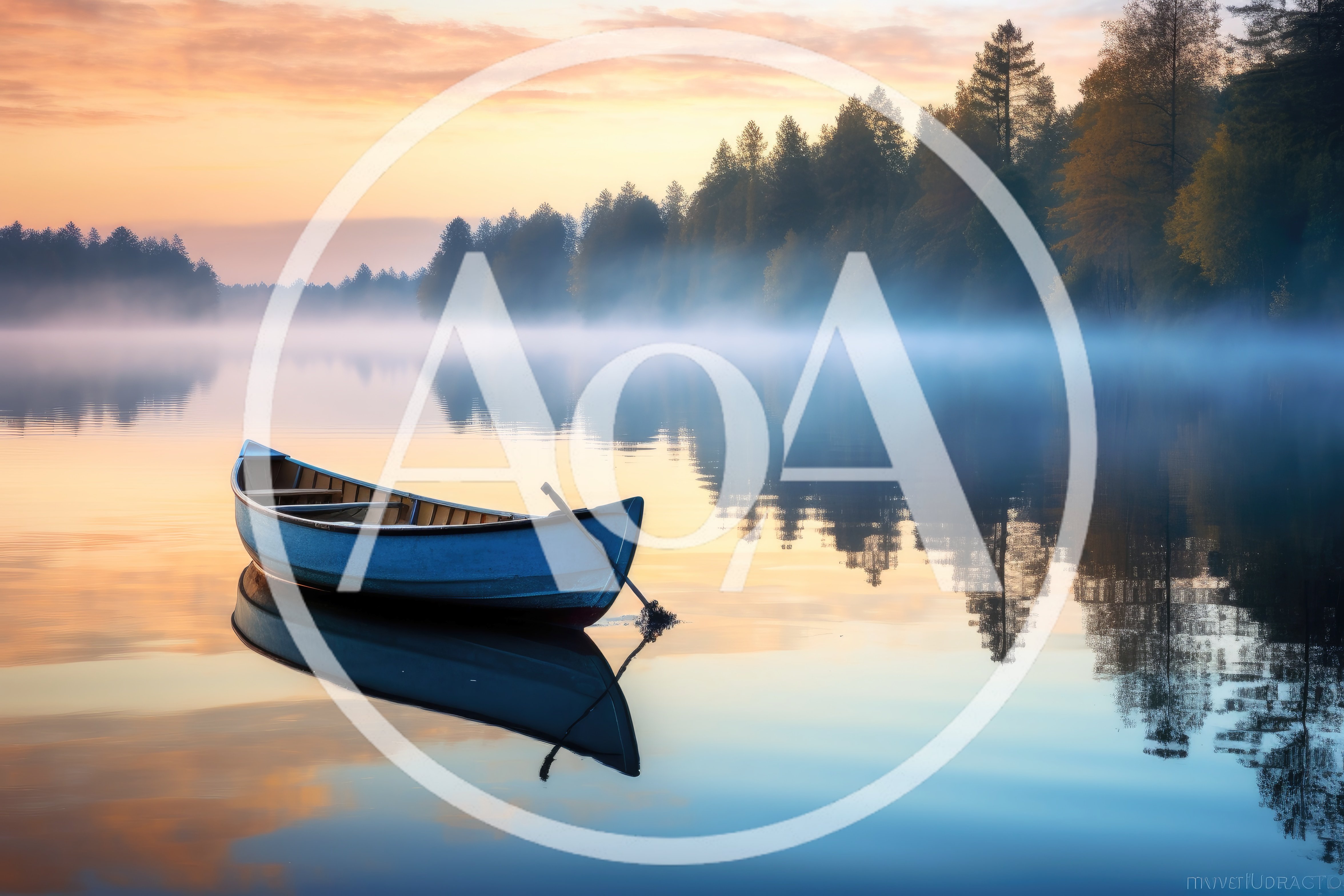 Blue Canoe Floating on Calm Misty Lake at Sunrise