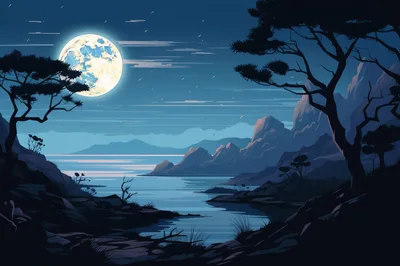 Full Moon Over A Serene Coastal Mountain Landscape
