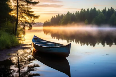 Canoe Moored at Calm Lake During Golden Hour