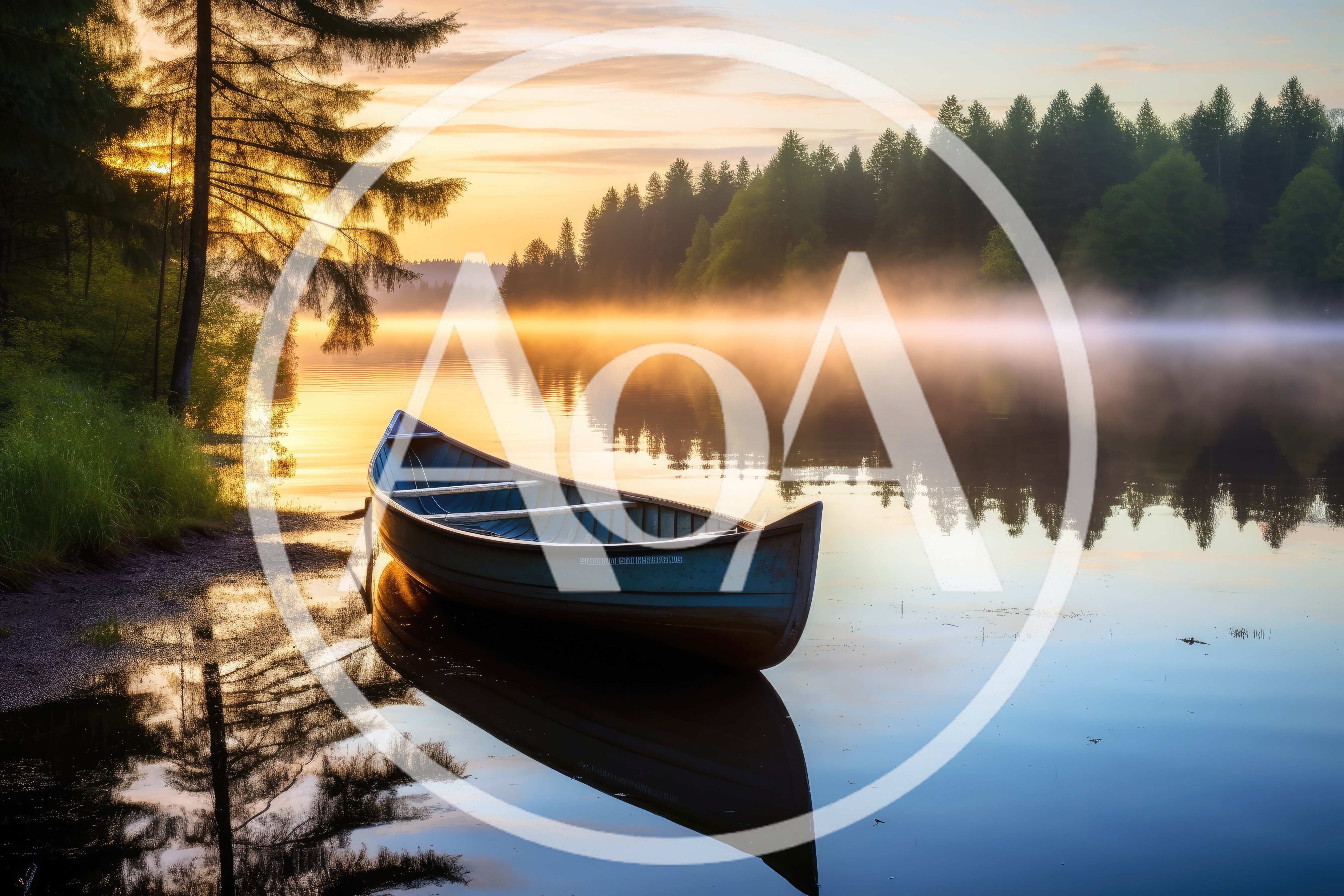 Canoe Moored at Calm Lake During Golden Hour