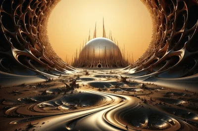 Surreal Alien Landscape With Metallic Spherical Structure