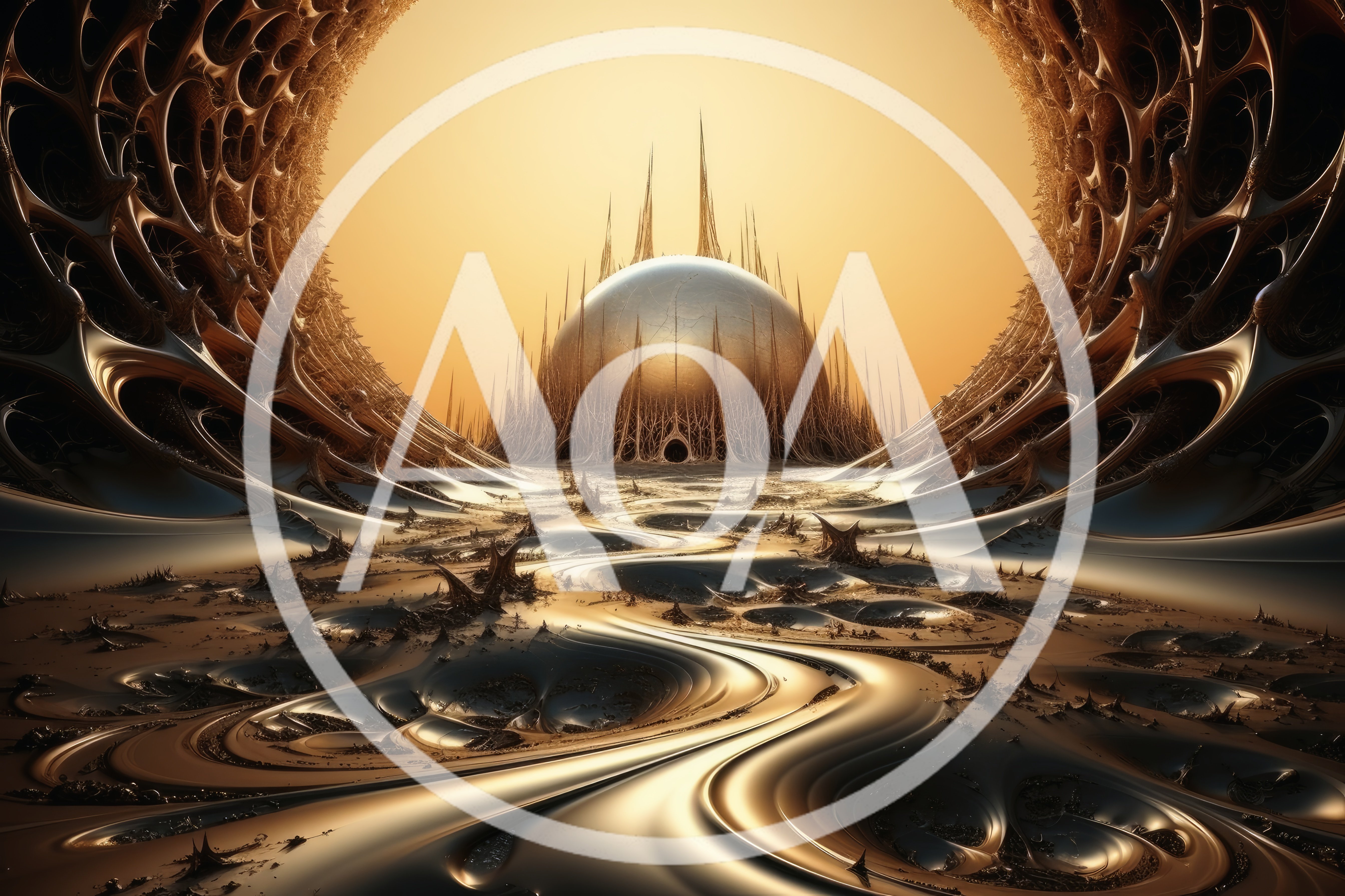Surreal Alien Landscape With Metallic Spherical Structure
