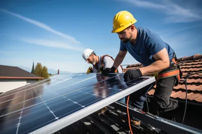 Professional Technicians Installing Solar Panels On Residential Roof