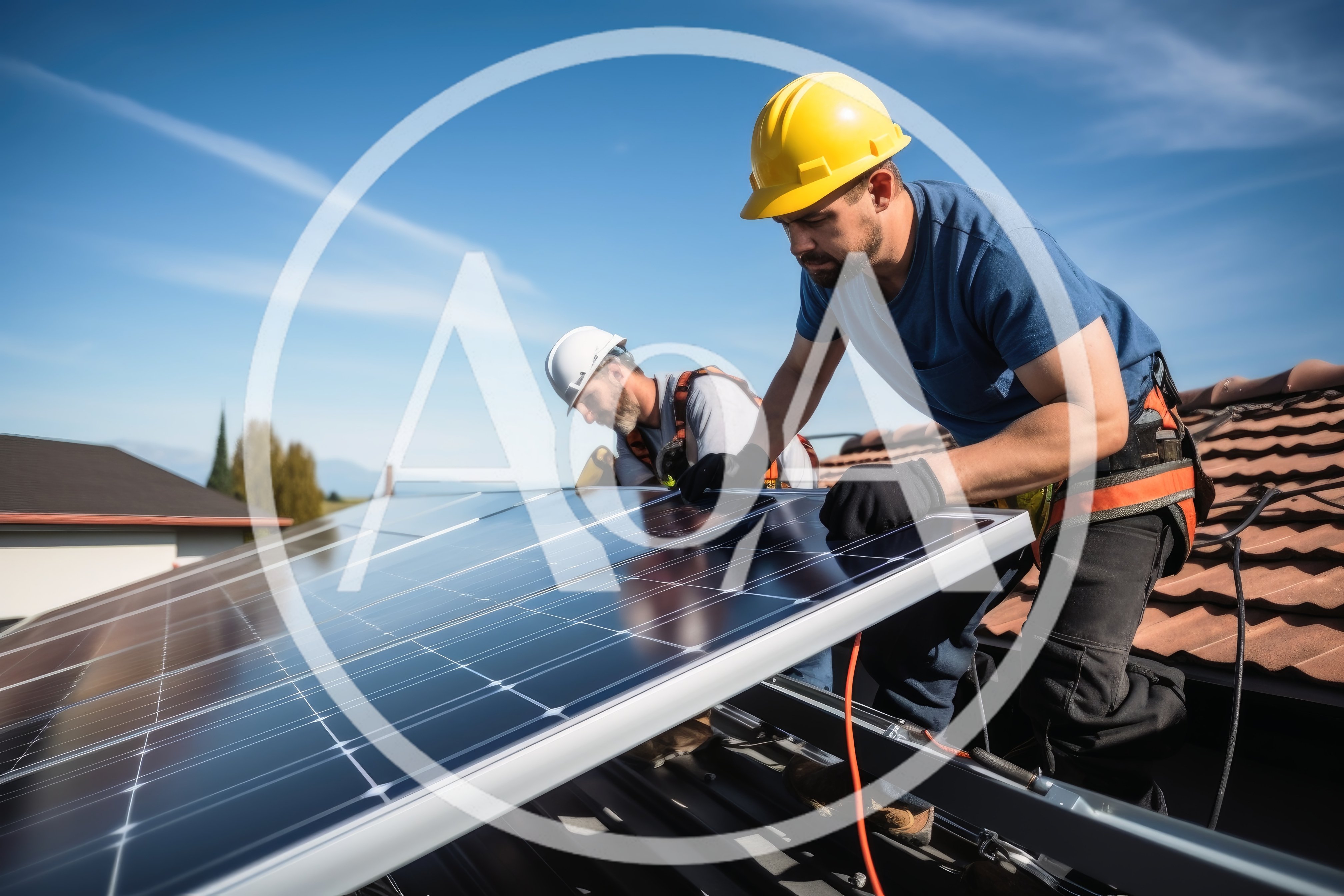 Professional Technicians Installing Solar Panels On Residential Roof