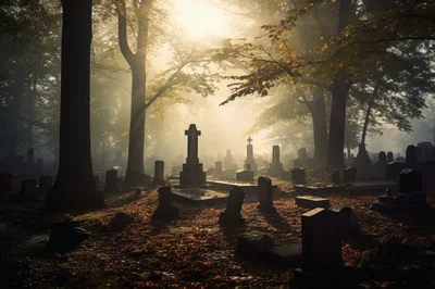 Sunlight Streaming Through Trees In An Ancient Cemetery
