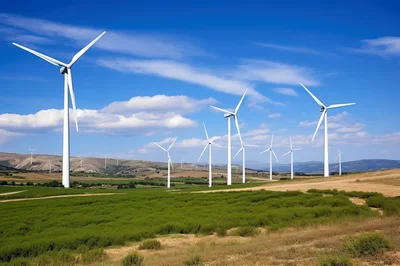 Wind Turbine Farm In A Sunny Rural Landscape
