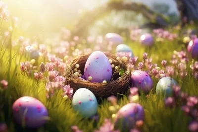 Easter Eggs Nestled in a Sunny Spring Meadow