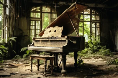 Abandoned Grand Piano In A Dilapidated Greenhouse