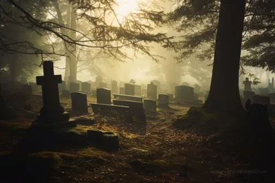 Misty Graveyard With Ancient Headstones At Sunset