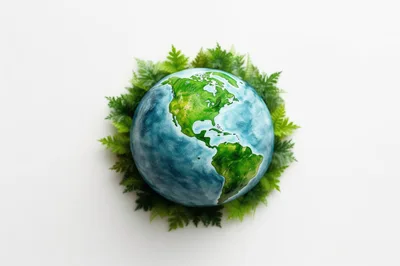 Globe Surrounded By Green Fern Leaves On White Background