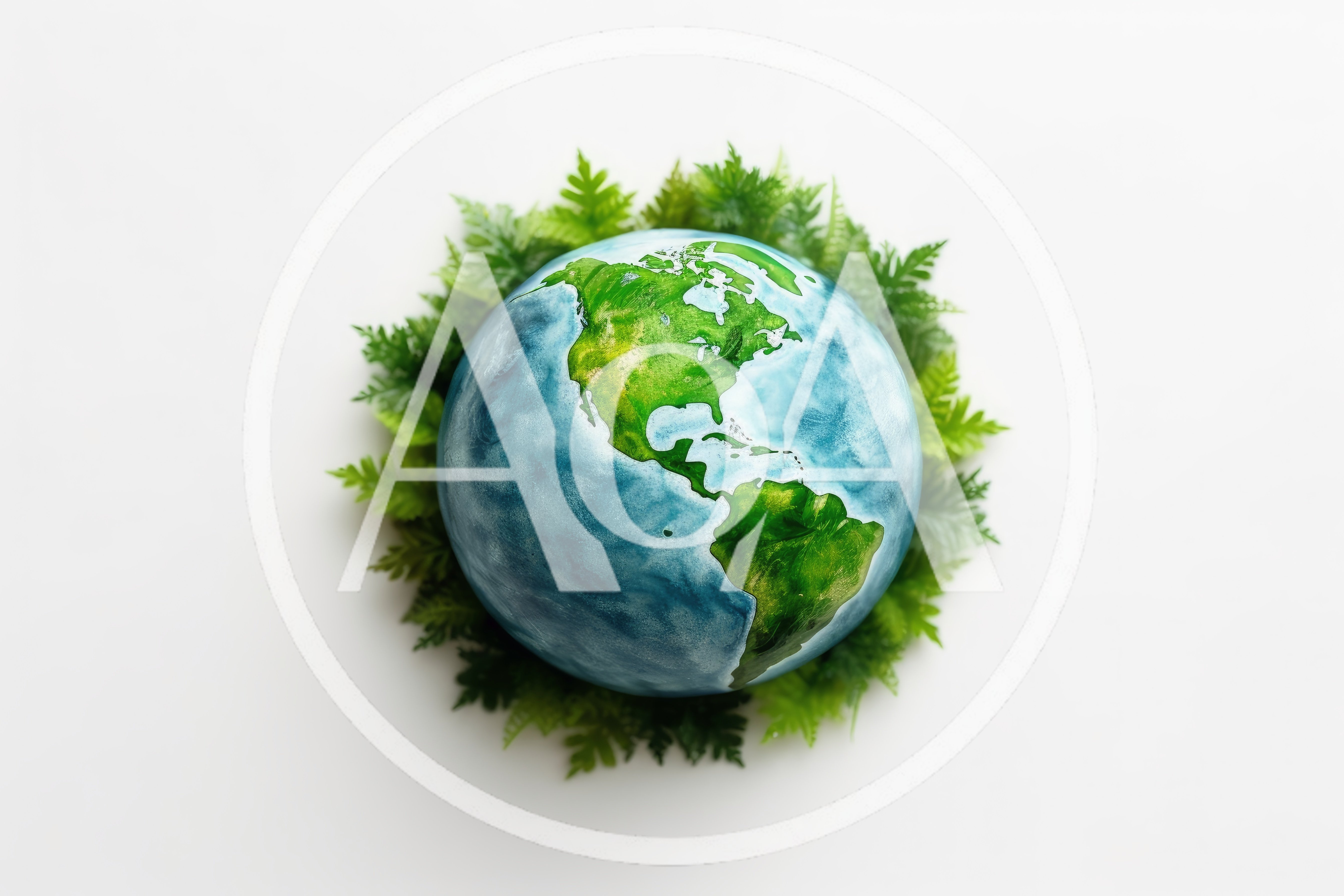 Globe Surrounded By Green Fern Leaves On White Background