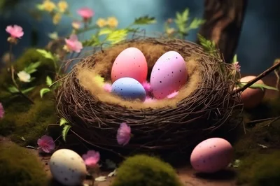 Easter Eggs Nestled In A Mossy Forest Setting
