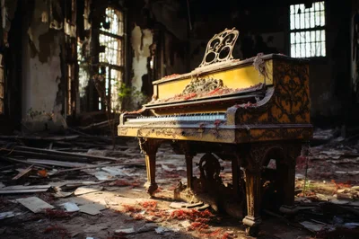 Abandoned Yellow Grand Piano In Dilapidated Building