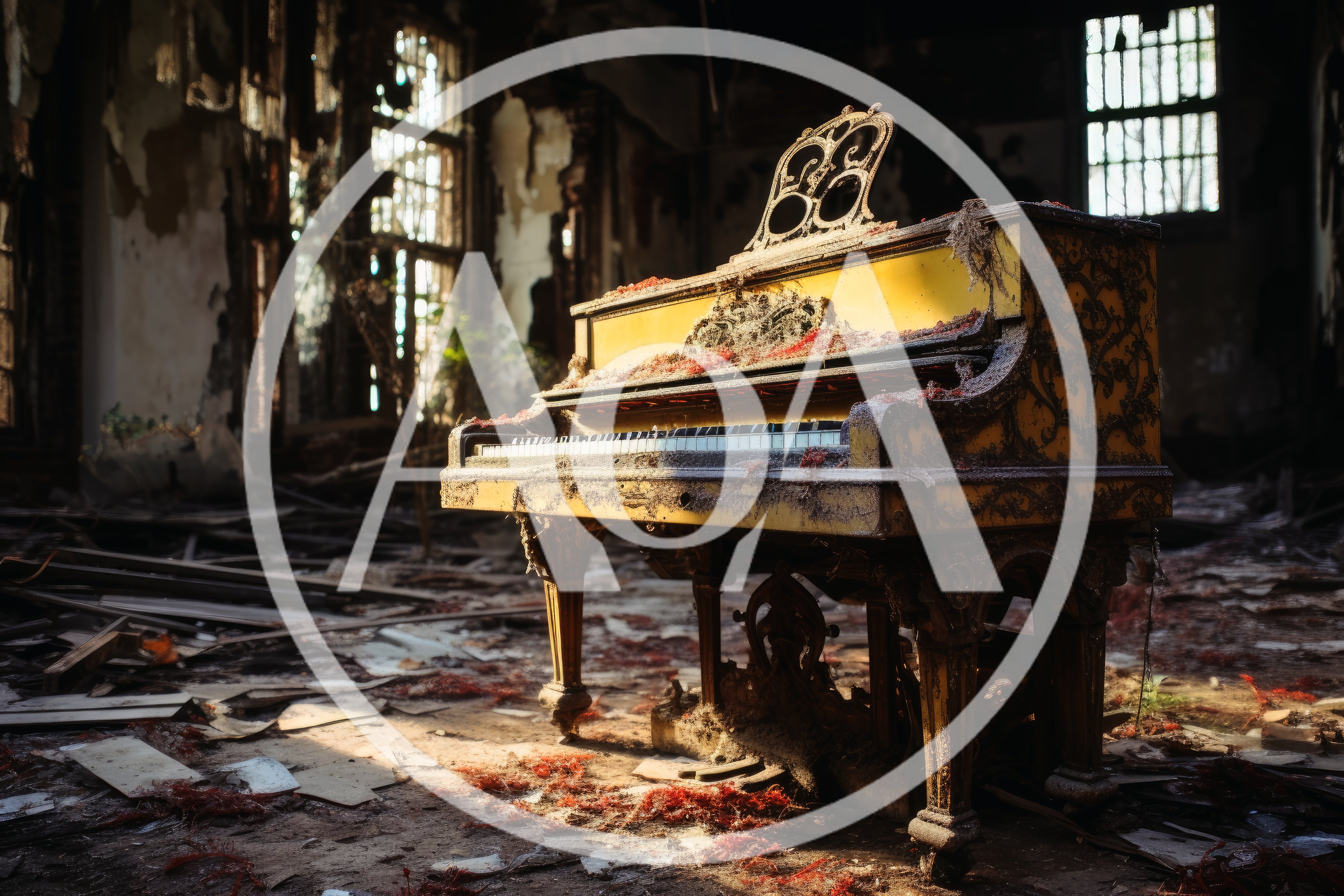Abandoned Yellow Grand Piano In Dilapidated Building