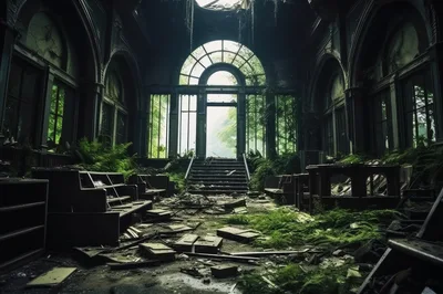 Abandoned Dilapidated Greenhouse Interior With Overgrown Vegetation