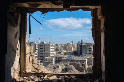 Ruined Cityscape Viewed Through A Damaged Window Frame