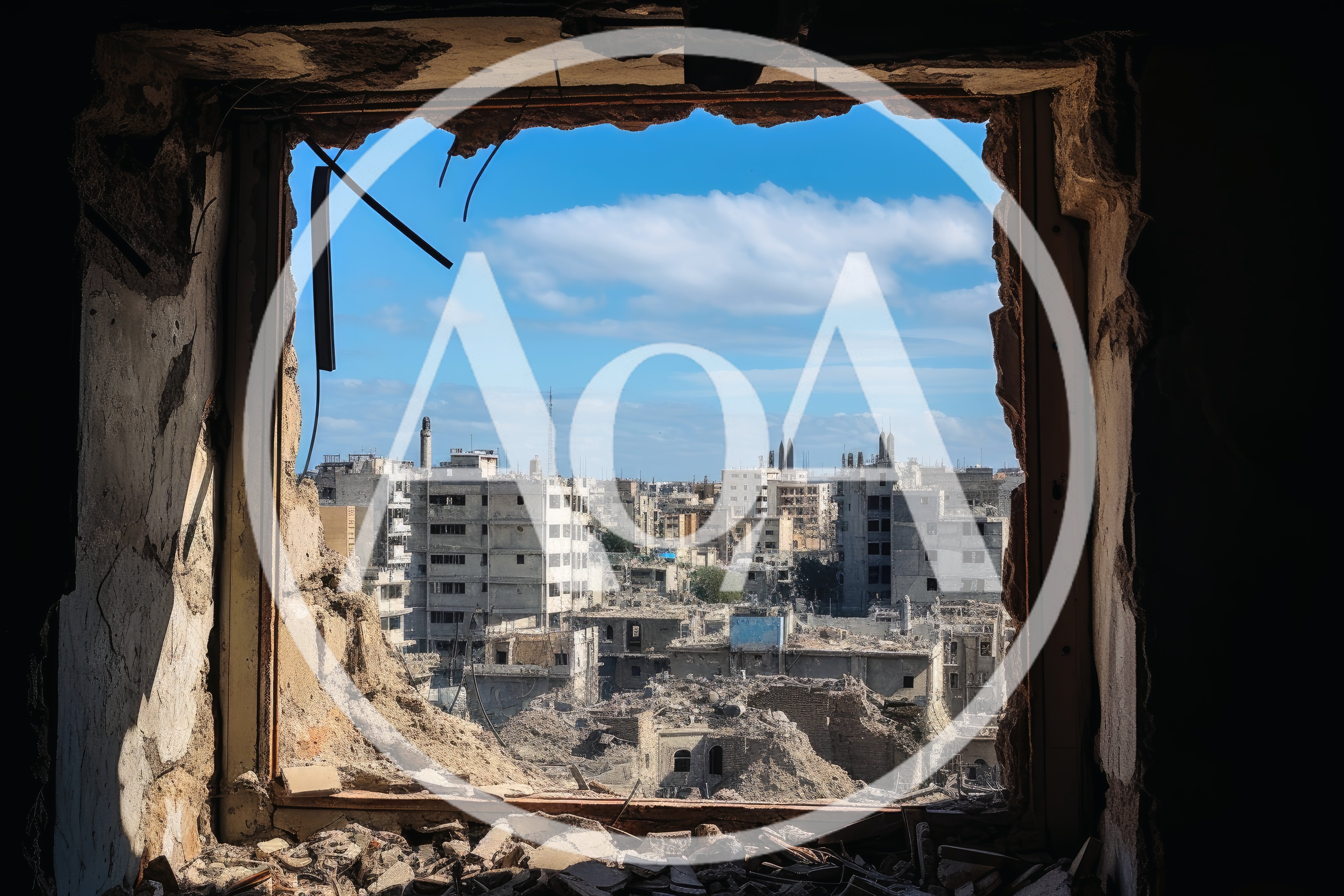 Ruined Cityscape Viewed Through A Damaged Window Frame