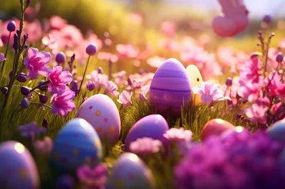 Easter Eggs Hidden Among Spring Flowers