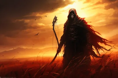 Grim Reaper Standing In A Golden Sunset Field