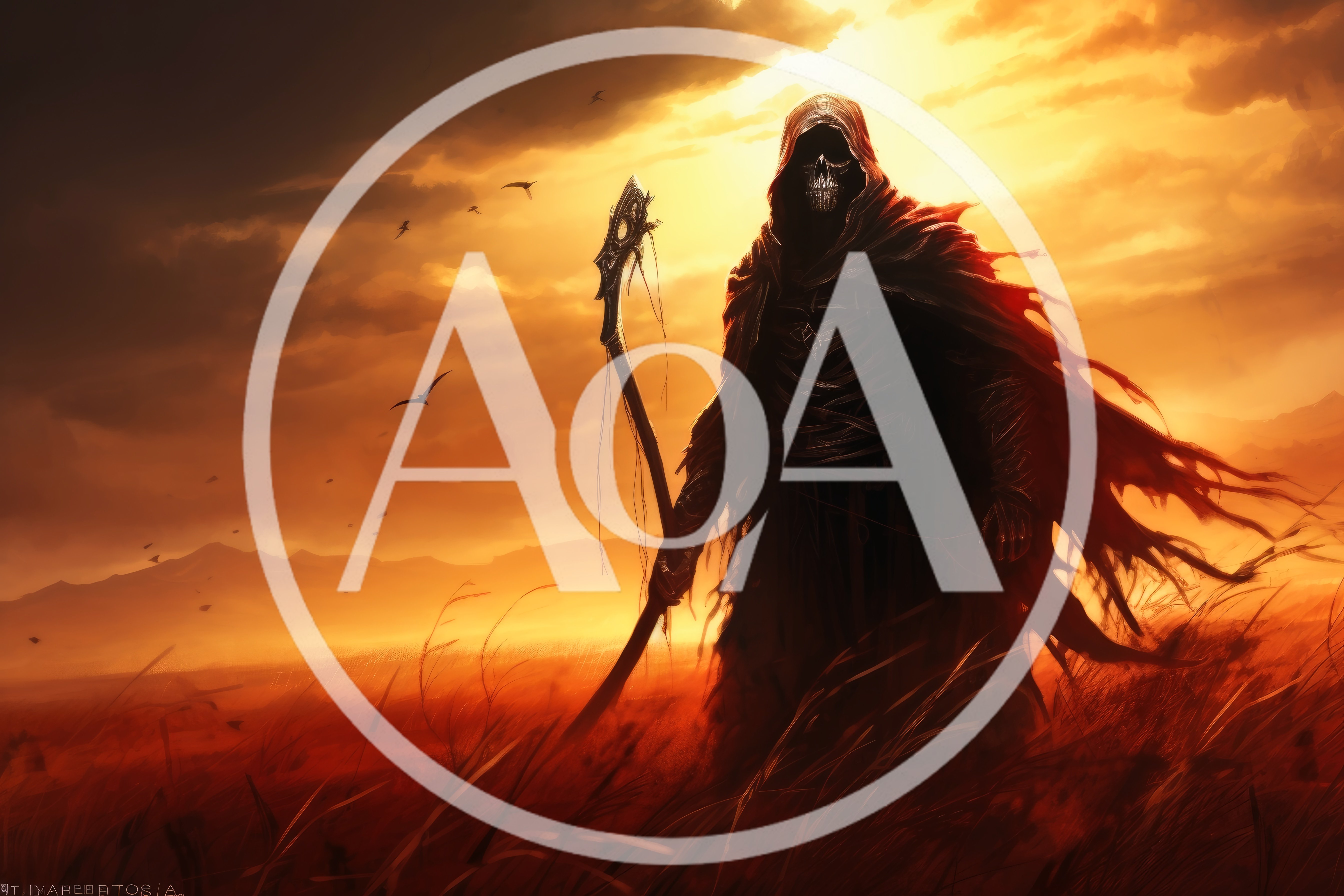 Grim Reaper Standing In A Golden Sunset Field