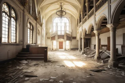 Abandoned Grand Hall With Dilapidated Interior Architecture