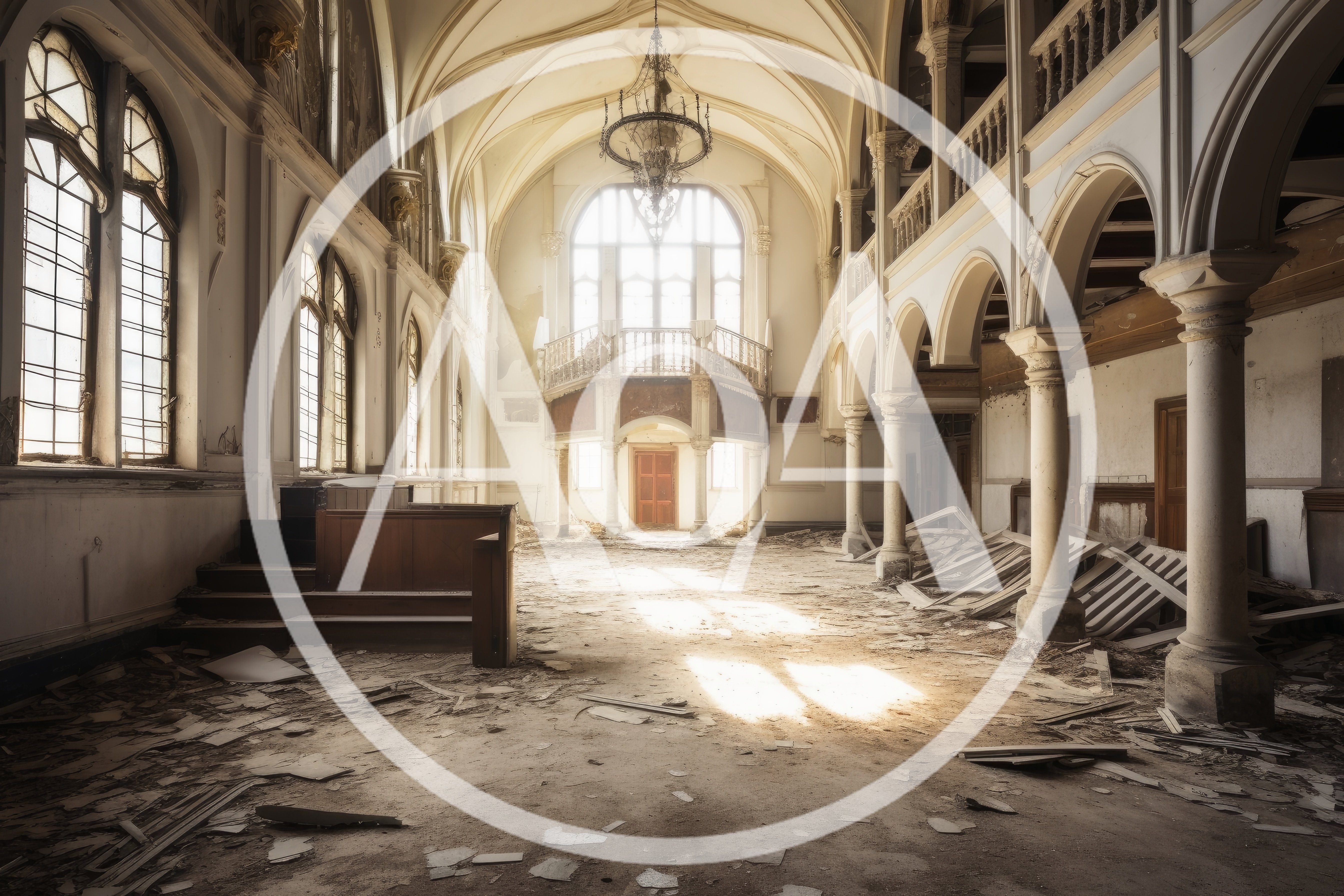 Abandoned Grand Hall With Dilapidated Interior Architecture