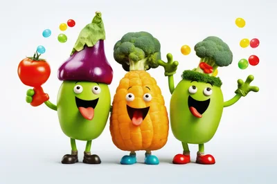 Three Cheerful Anthropomorphic Vegetable Characters