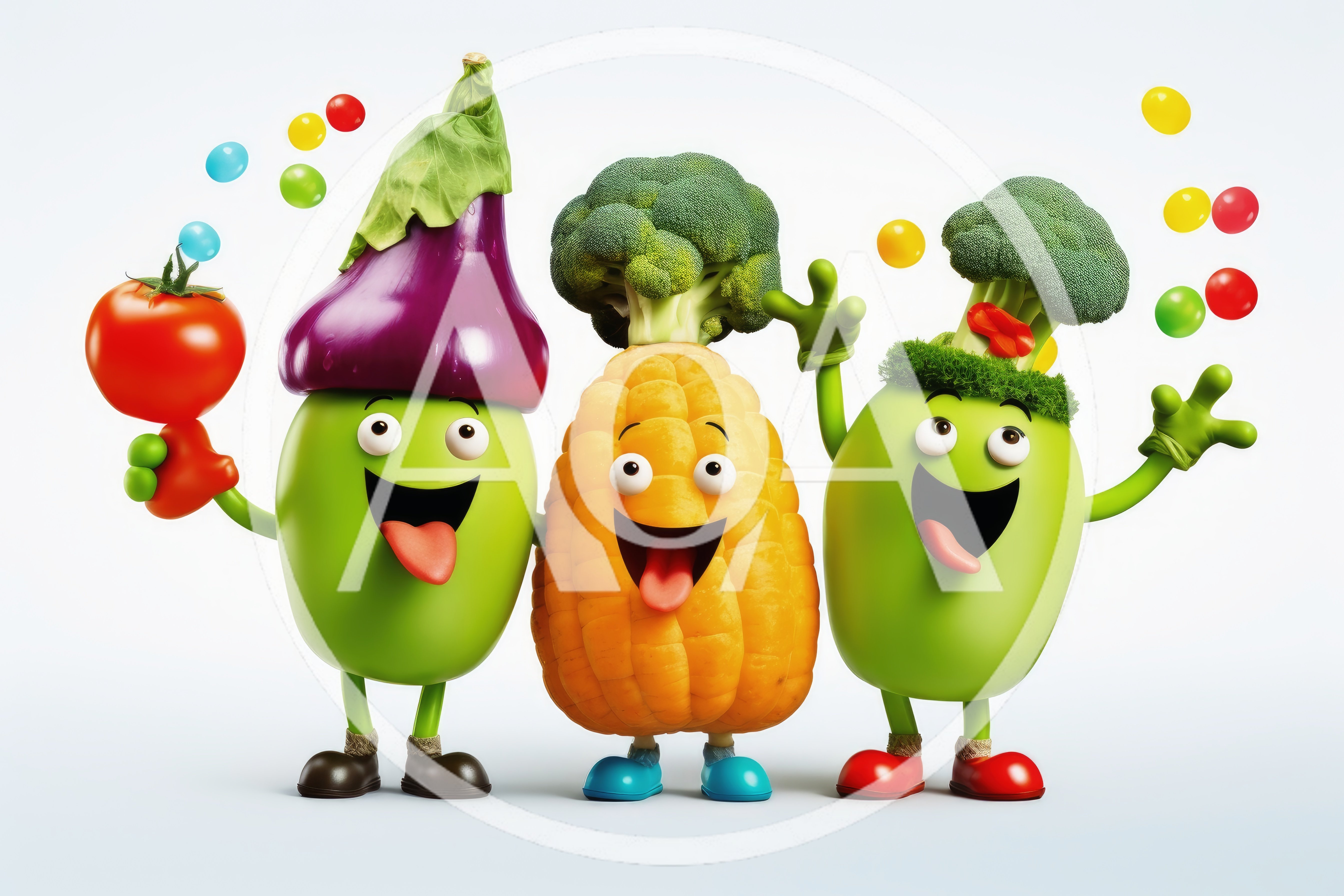 Three Cheerful Anthropomorphic Vegetable Characters