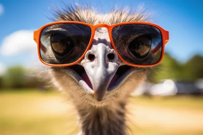 Close Up Portrait Of An Emu Wearing Orange Sunglasses