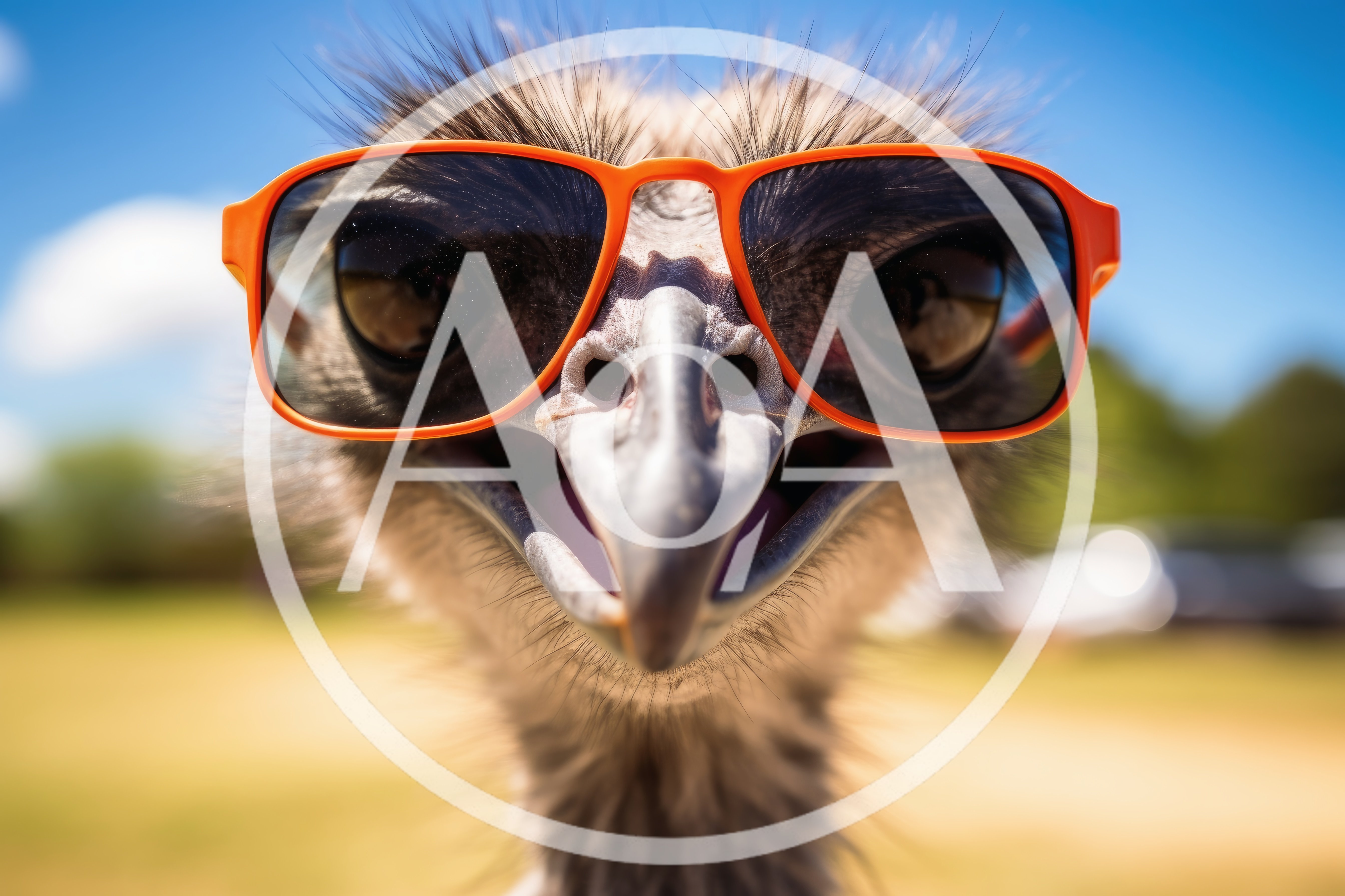 Close Up Portrait Of An Emu Wearing Orange Sunglasses