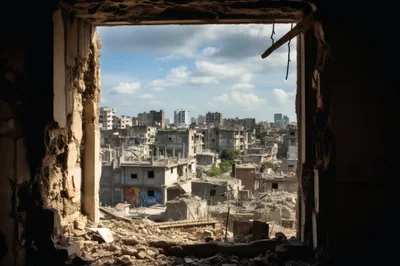 Ruined Cityscape Viewed Through A Damaged Window Frame