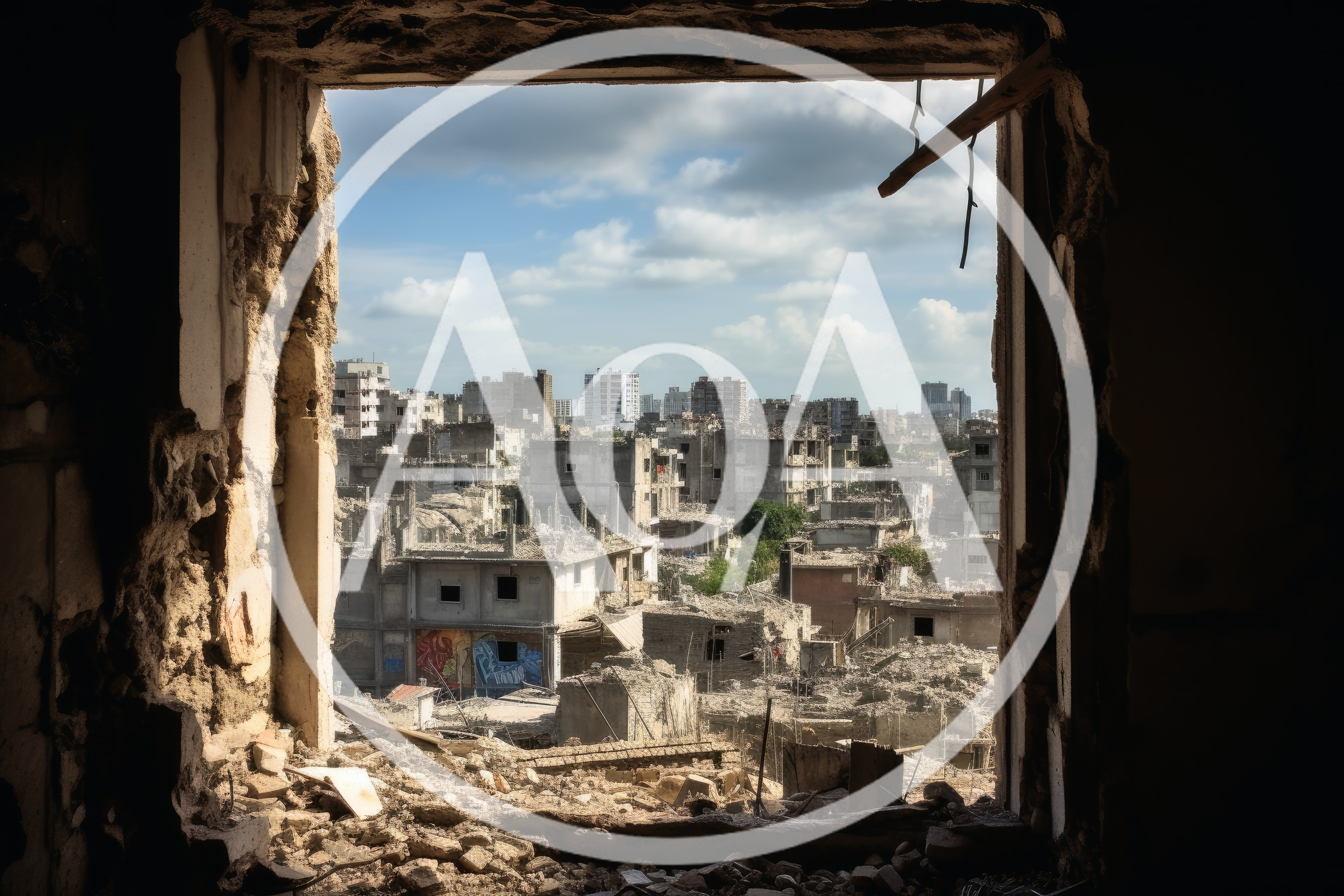 Ruined Cityscape Viewed Through A Damaged Window Frame