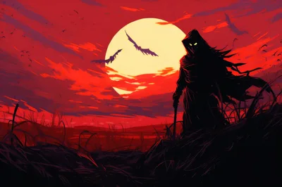 Dark Hooded Figure Standing Under A Red Moon