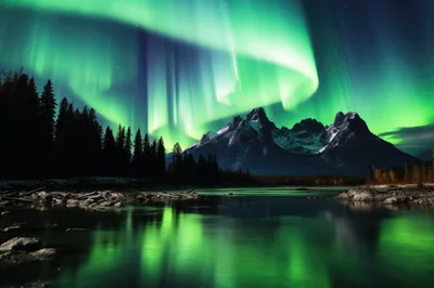 Vibrant Aurora Borealis Over Snowy Mountain Lake