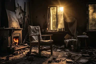 Abandoned Dilapidated Room With Burning Fireplace And Armchair
