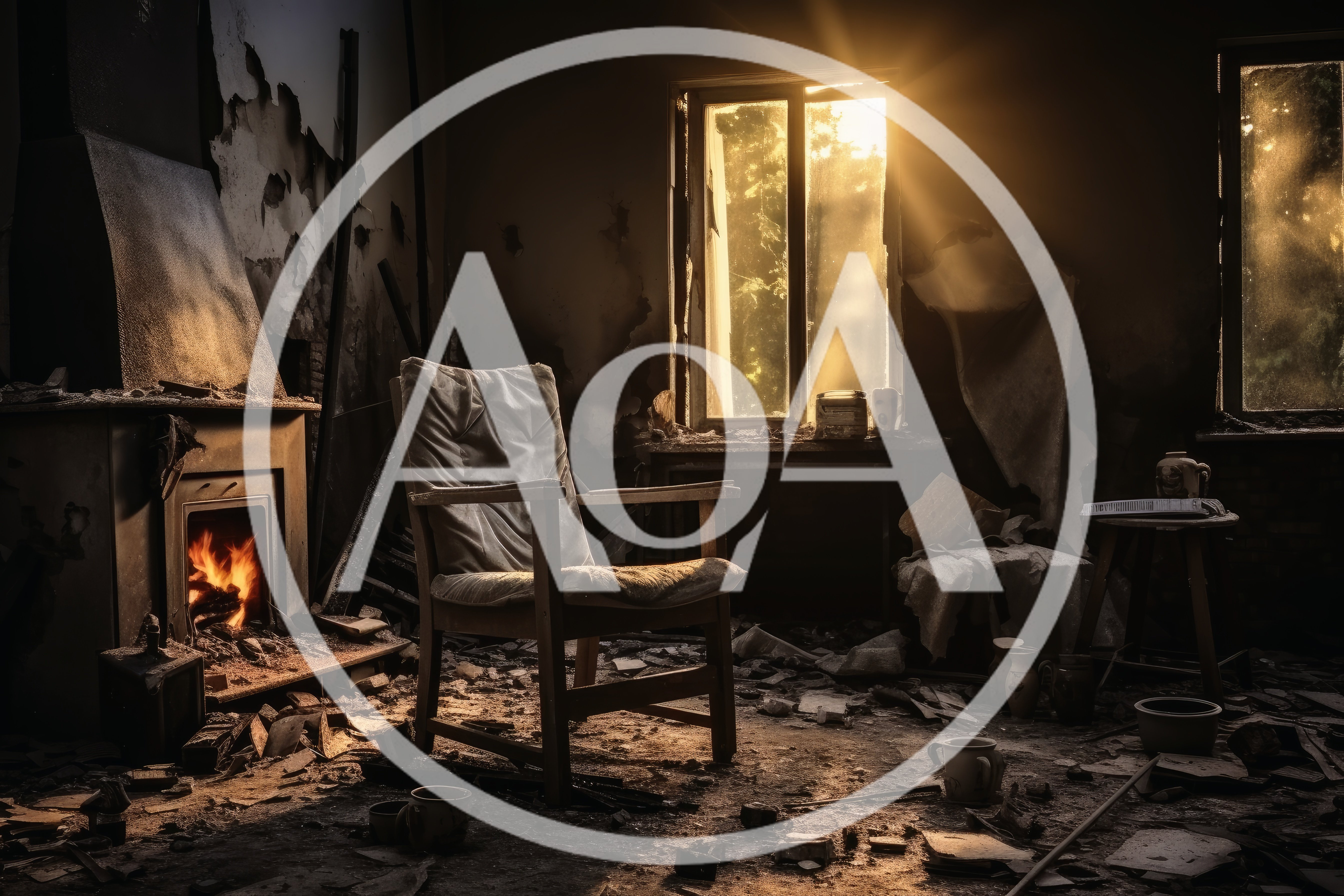 Abandoned Dilapidated Room With Burning Fireplace And Armchair