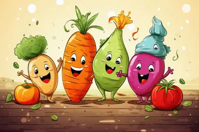 Cute Cartoon Vegetable Characters Standing Together
