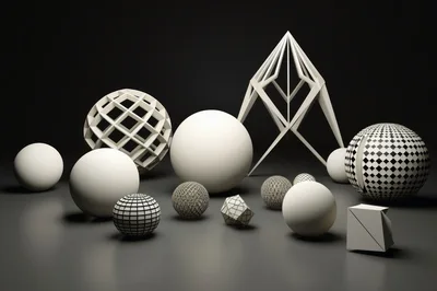 Abstract Geometric Shapes And Spheres On Dark Background