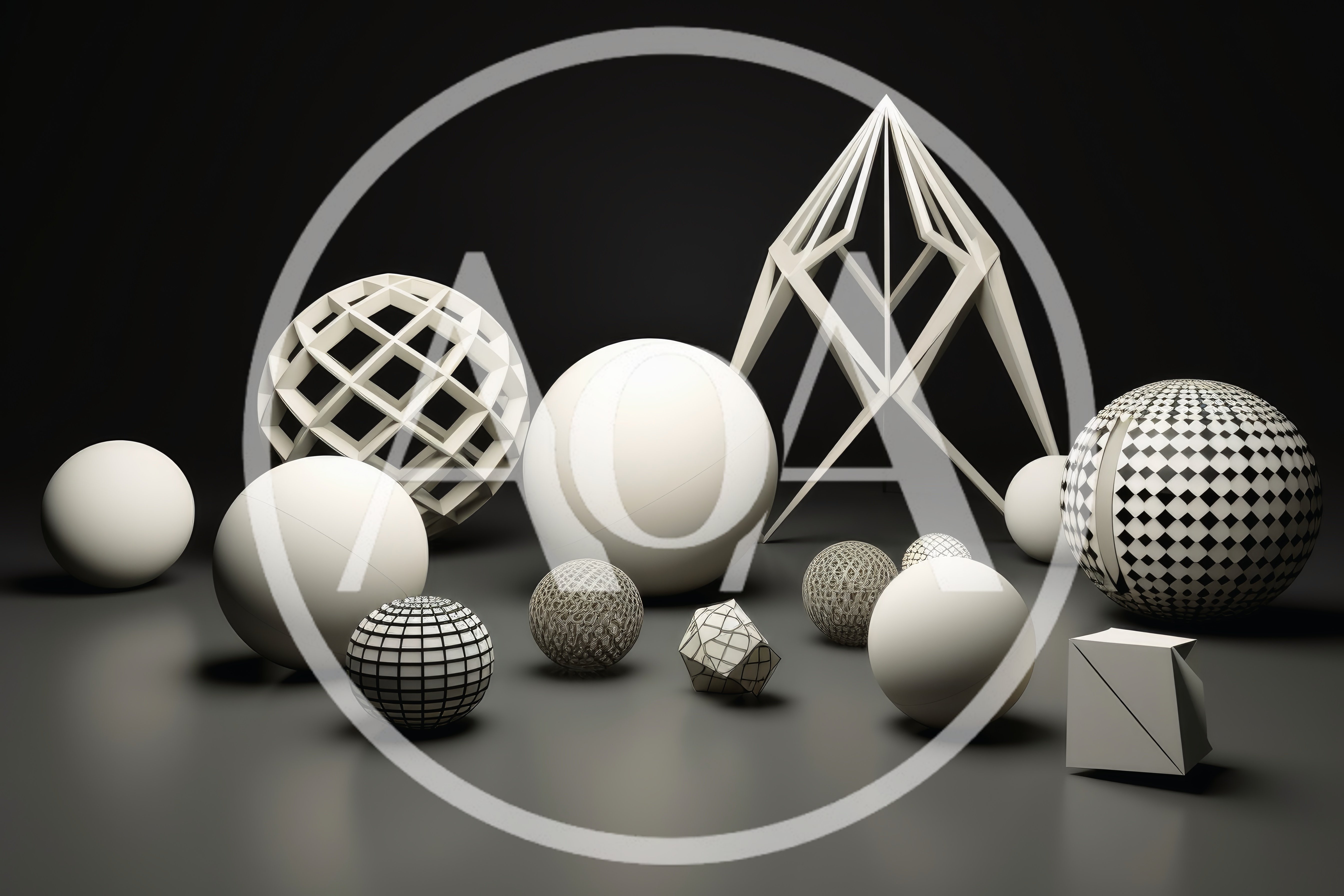Abstract Geometric Shapes And Spheres On Dark Background