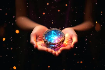 Hands Holding A Glowing Magical Cosmic Sphere